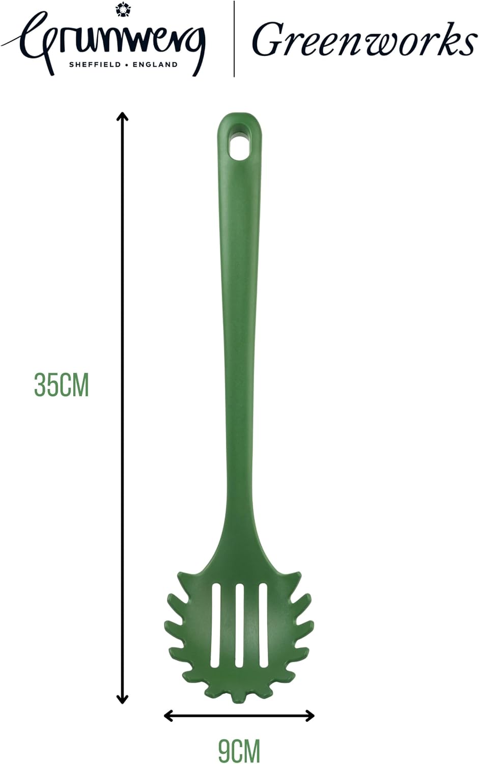 Grunwerg Greenworks Recycled PET Spaghetti Serving Spoon, 35 cm, Green, Dishwasher Safe, Non-Stick