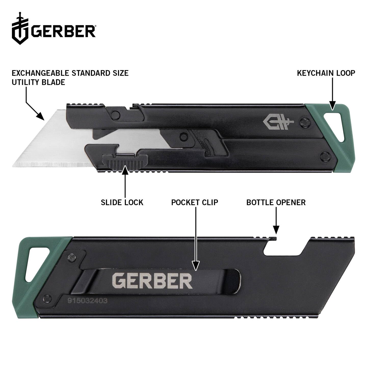 Gerber Coltello con clip da tasca, E.A.B. Slim, lama trapezoidale standard intercambiabile, chiusura a slitta, lunghezza lama: 3,7 cm, acciaio inossidabile (7Cr17MoV), 1075425