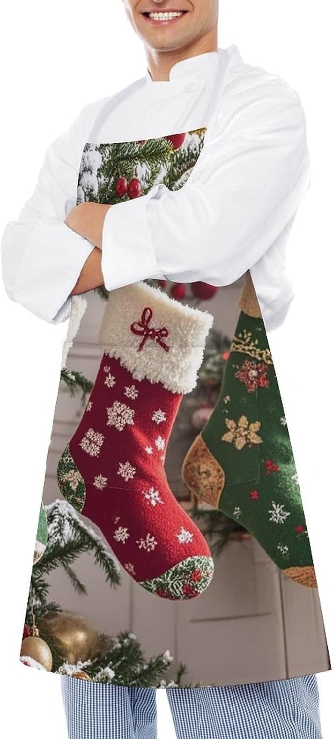 Hanging Christmas Stockings Chef Apron Cooking Kitchen Aprons with Pockets Lightweight Soft Adjustable Bib Apron Restaurant Waterproof Aprons for Men Women Waiters