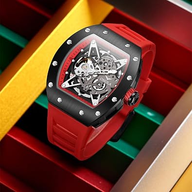Luxury Tonneau Skeleton Watches Men Fashion Hollow Full-Automatic Mechanical Watch Luminous Waterproof Polychrome Silicone Strap Wristwatch for Casual Business