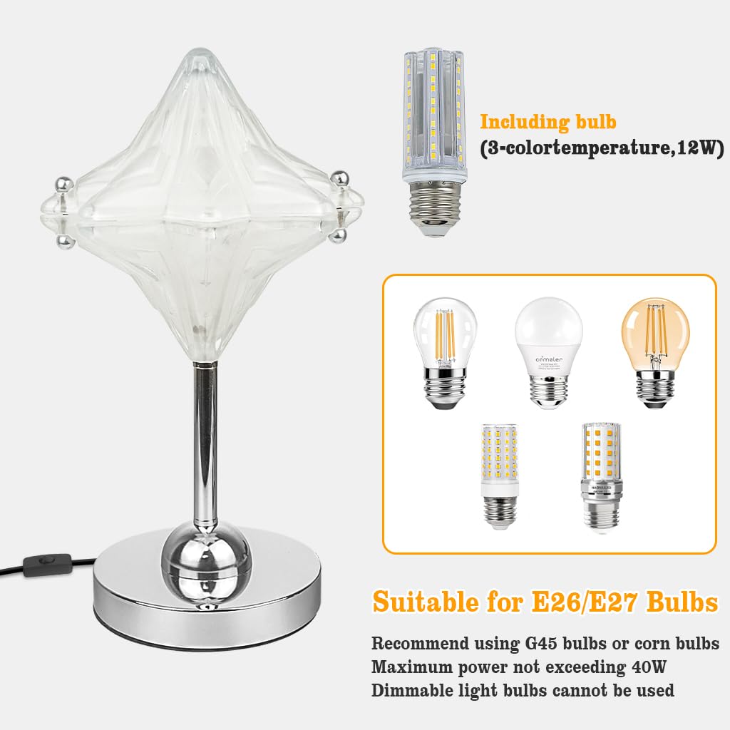 Nachttischlampe Modern,Tischlampe mit Chromfuß und Glas Schirm,Tischlampe Chrom,Schreibtischlampe E27 für Schlafzimmer,Arbeitszimmer,Kinderzimmer,Deko Leuchte,Enthält Glühbirne,12W,3 Farbentemperatur
