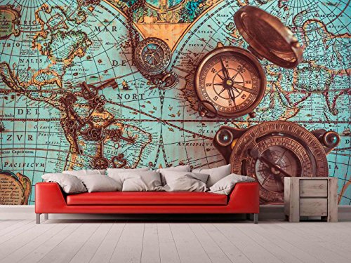 Fotomural Vinilo para Pared Mapa y Brujulas | Fotomural para Paredes | Mural | Vinilo Decorativo | Varias Medidas 100 x 70 cm | Decoración comedores, Salones, Habitaciones...