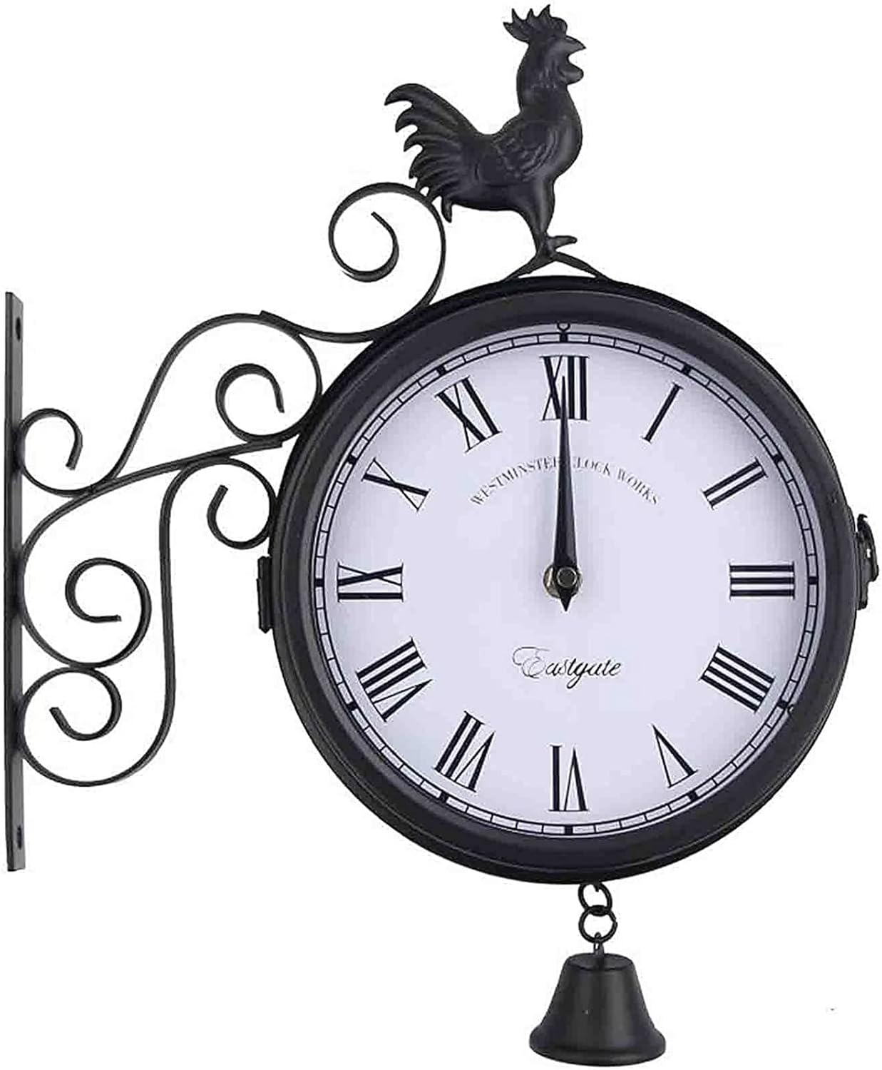 Wall Clock Art Clock Garden Wrought Iron Wall Clock, Outdoor Double-Sided Rooster Design Wall Hanging Clock with Bell, for Garden Home Decor - Vintage Wall Decor Wall Decor Clock