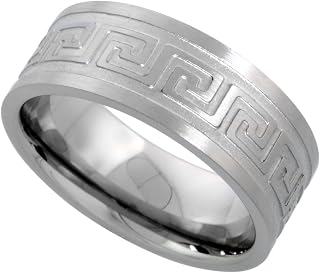 Surgical Stainless Steel 8mm Greek Key Wedding Band Ring Comfort-Fit Sizes 7-14