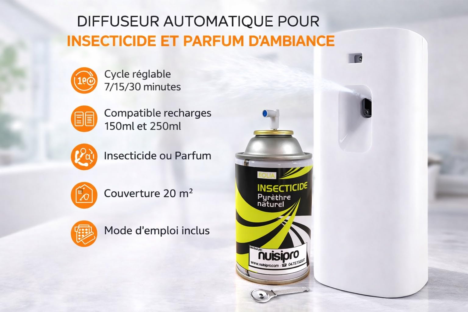 NUISIPRO - Diffuseur Anti Mouches, Anti moustiques - 1 Diffuseur & 1 Recharge Puissante - Insecticide Pyrèthre