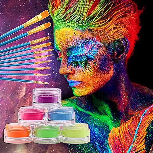 Ccbeauty 6 Uv Water Activated Eyeliner, Neon Black Light Glow In The Dark Face And Body Paint Makeup, Froscent Pigment Eyeshadow Powder, Halloween Costume And Club Makeup Set - Safe For All Skin Types - Easy On And Off, 6 Cakes #TOP21