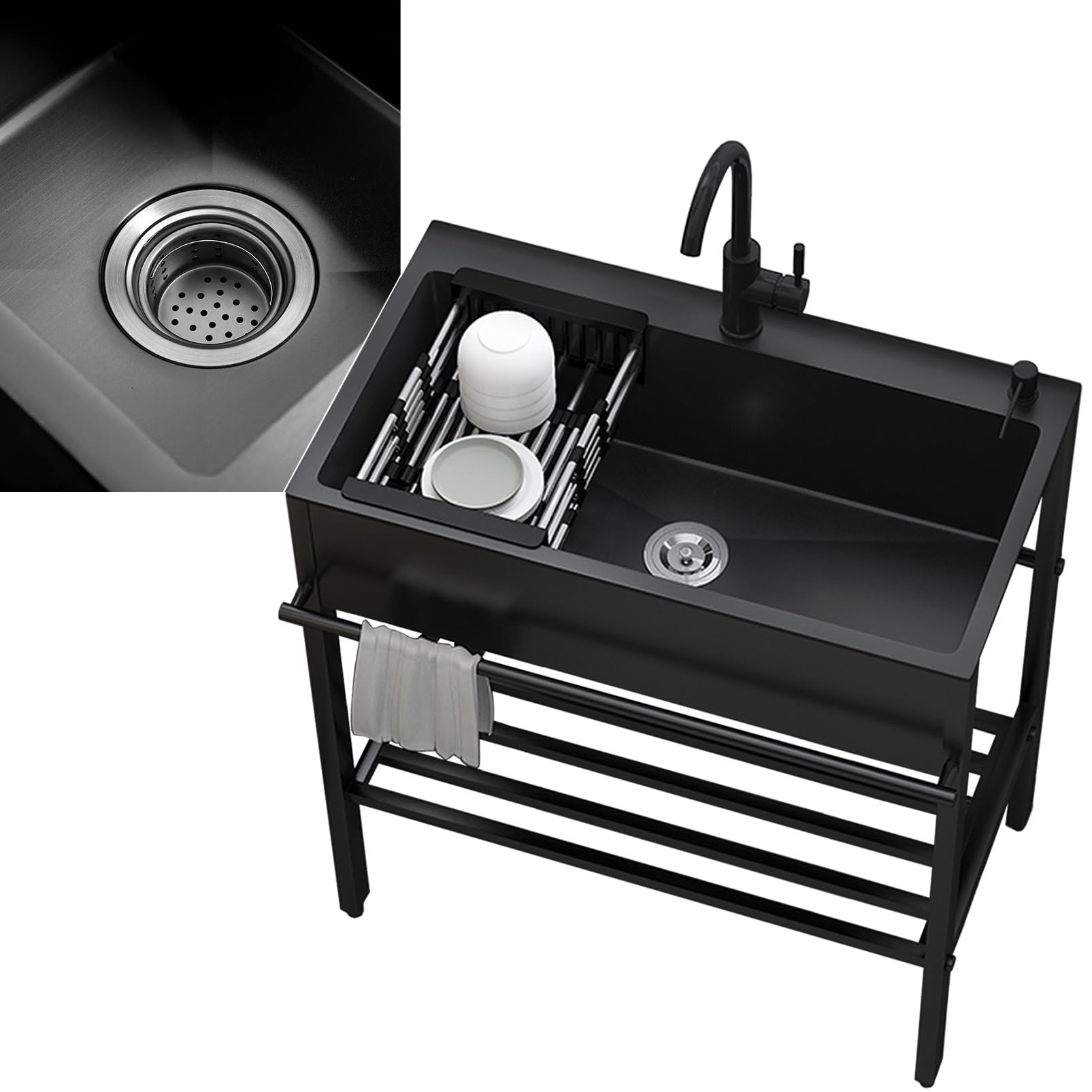 Spültisch Garten Spüle, Kitchen Spüle Mit Lagerregal, Handtuchhalter Edelstahl-Spüle L 55 68 80 90 × B 45 × H 86cm Schwarz Spülbeckenset Mit Abtropfgestell, Wasserhahn, Wasserrohre