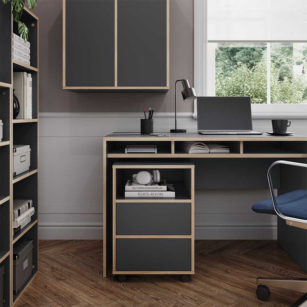 Vicco Rollcontainer Tetrix, Anthrazit, 42 x 55 cm | mit Regalen und 2 Schubladen, auf Rollen für flexible Nutzung im Büro oder Homeoffice