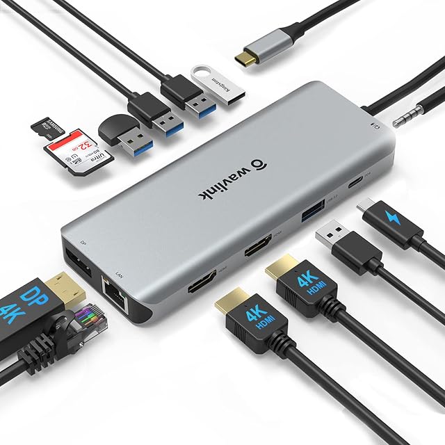 USB C Docking Station Triple Display with 4K DisplayPort, 2x4K HDMI, WAVLINK 100W PD USB C Hub Laptop Docking Station support Gigabit Ethernet, 5 USB,SD/TF, 3.5mm Audio for Windows, Mac OS