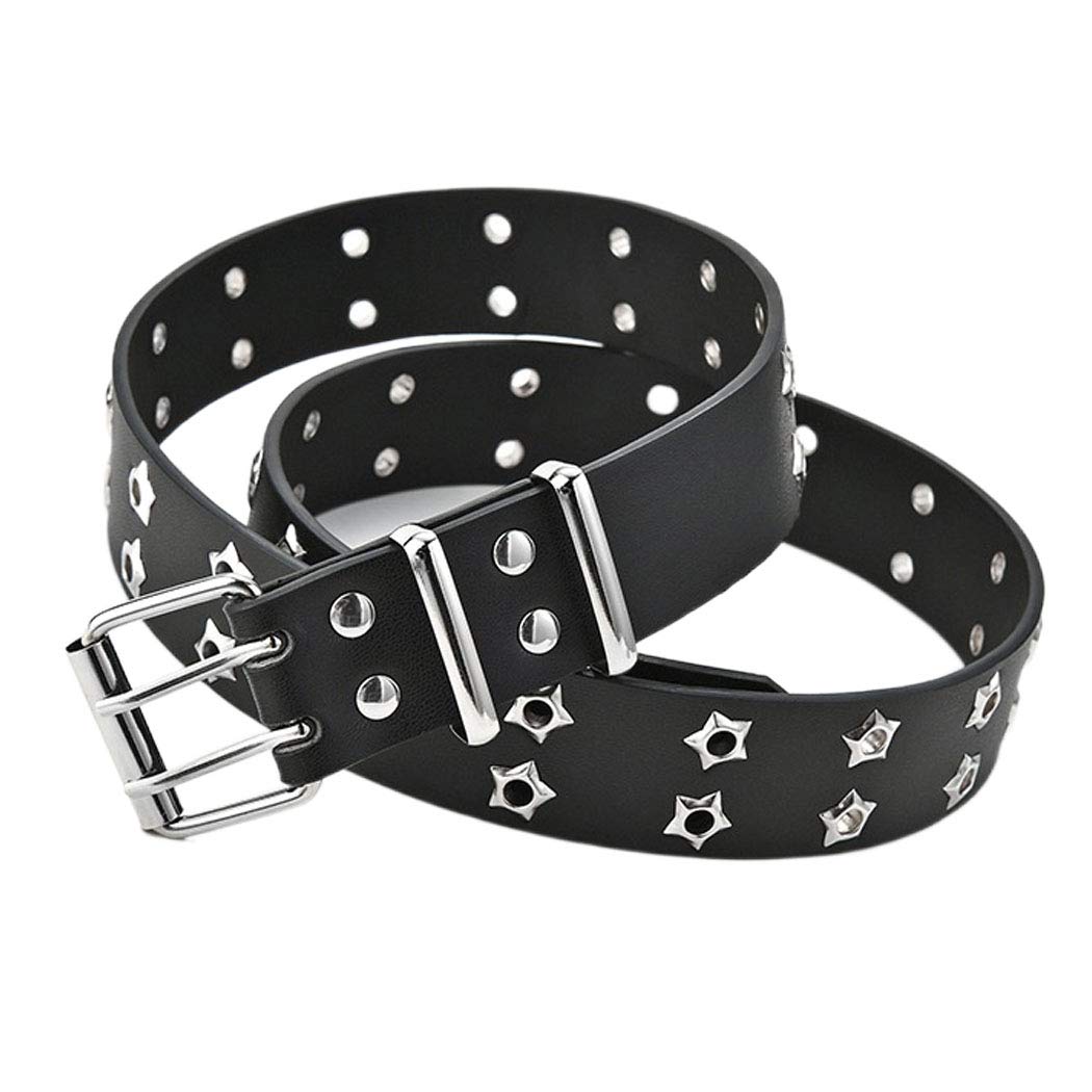 Double Grommet Leather Belts for Women Men Star Studded Belt for Jeans Pants Punk Black Waist Belt