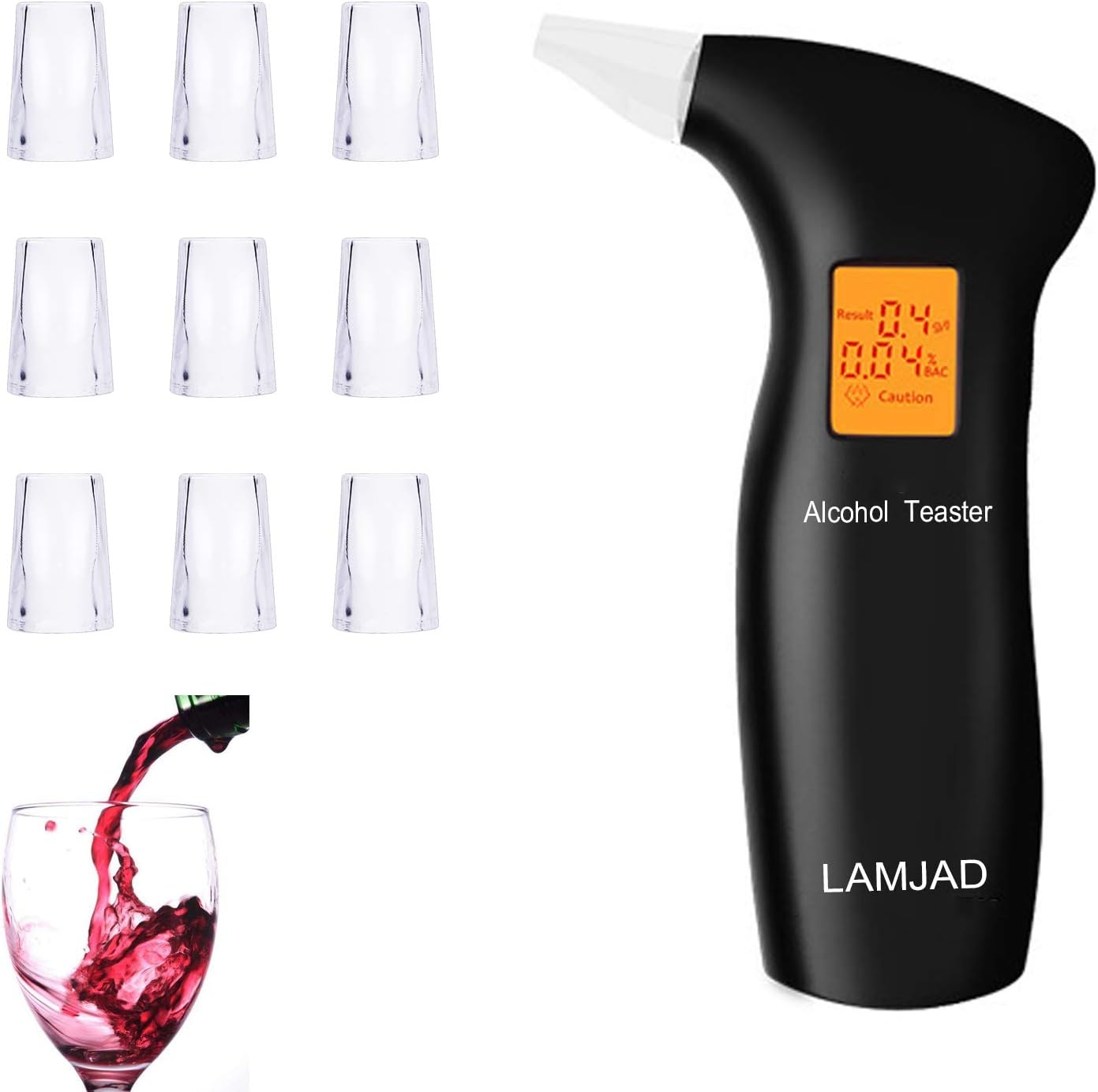 Breathalyzer, LAMJAD Portable Breath Alcohol Tester with 10 Mouthpieces, Professional Alcohol Tester with Backlight LCD Screen for Personal and Professional Use, Black