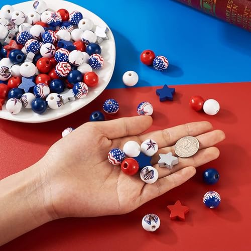 Miniatura 4 de 220 cuentas de madera patrióticas redondas de 0.631 pulgadas (0.630 in), estrellas rojas y azules americanas, para desfiles del 4 de julio, día del