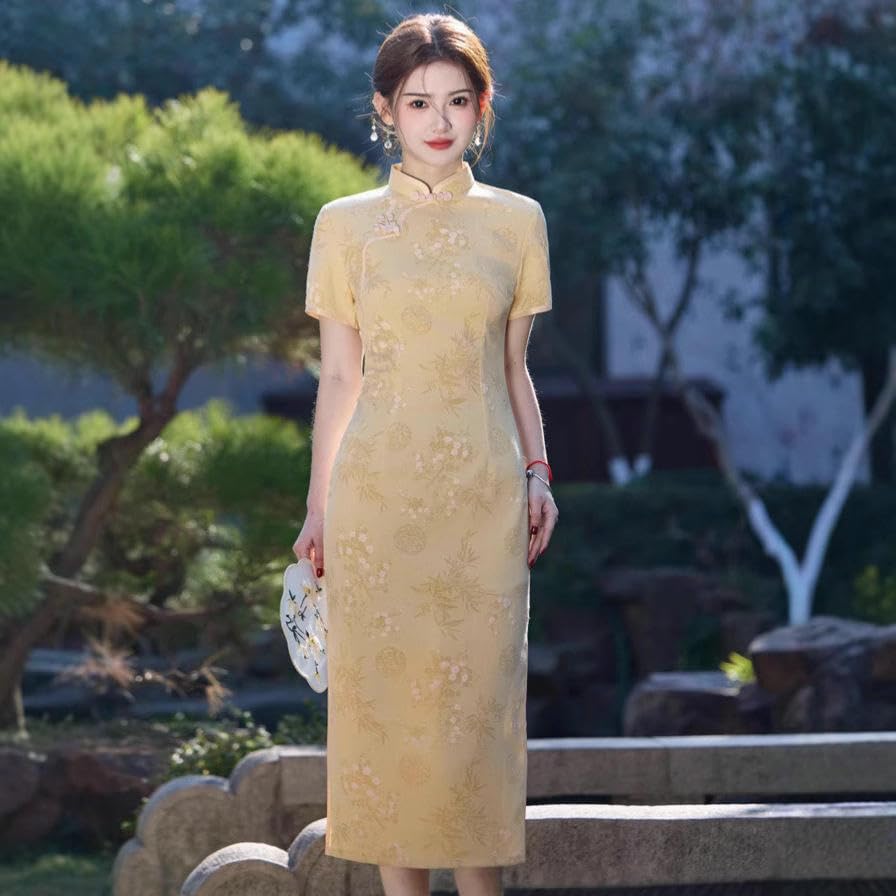 Cheongsam jaune mi-long ajusté pour mariage à thème chinois - 2