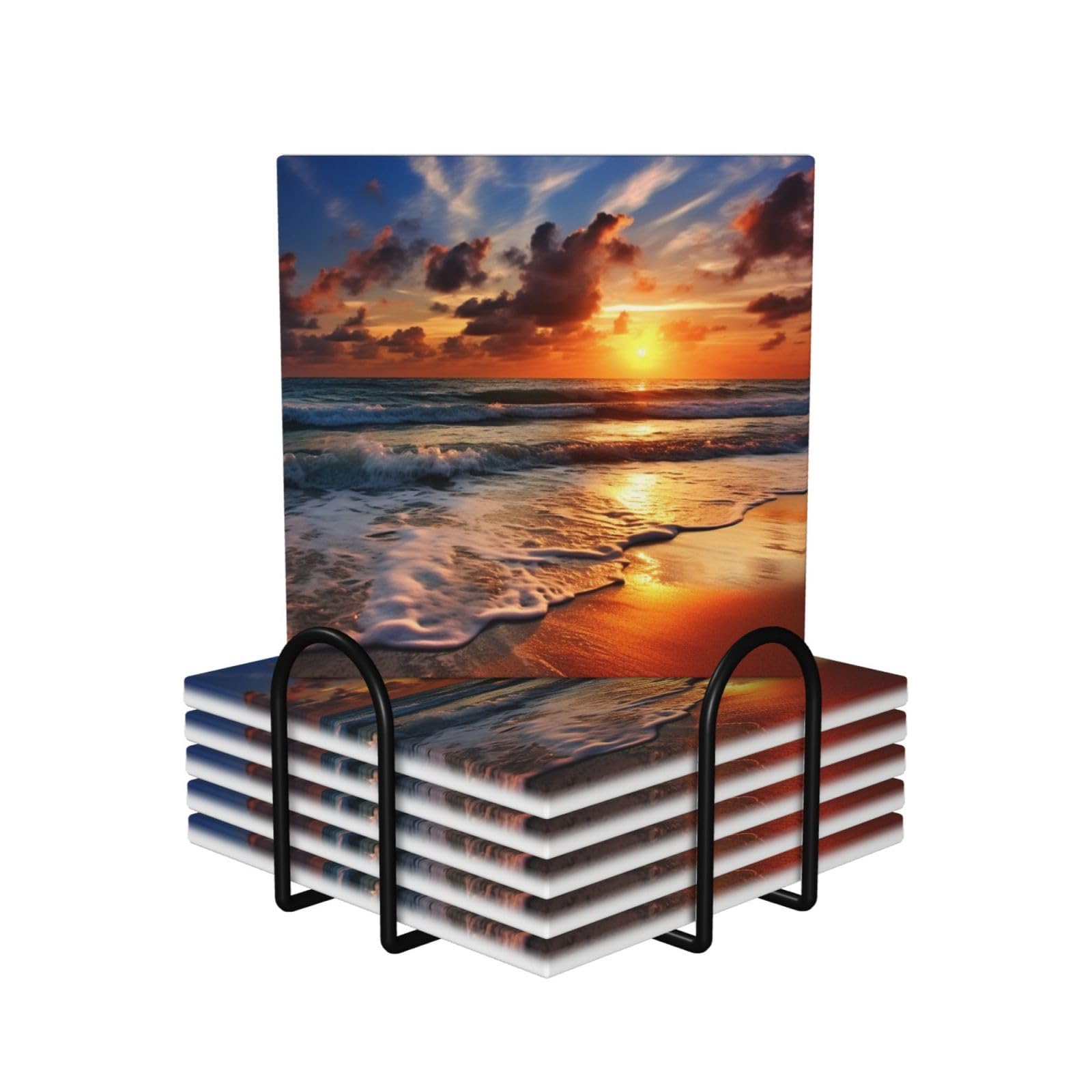 6Pcs Ceramics Coaster for Drinks, Beach Sunrise Cup Coasters with Holder, Aesthetic Drink Coasters for Coffee Table, Absorbent Round Coaster for Tabletop Protection 4" Cup Mat Pad