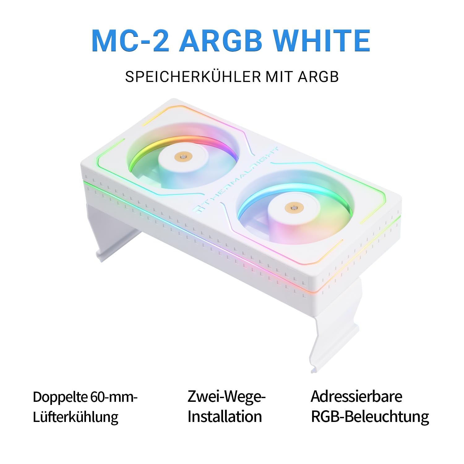 Thermalright MC-2 ARGB White Memory Cooler, double ventilateur avec design PWM 3200 tr/min, refroidisseur de RAM silencieux, flux d'air de 16,17 CFM pour kits de RAM DDR5/DDR4 de bureau (blanc)