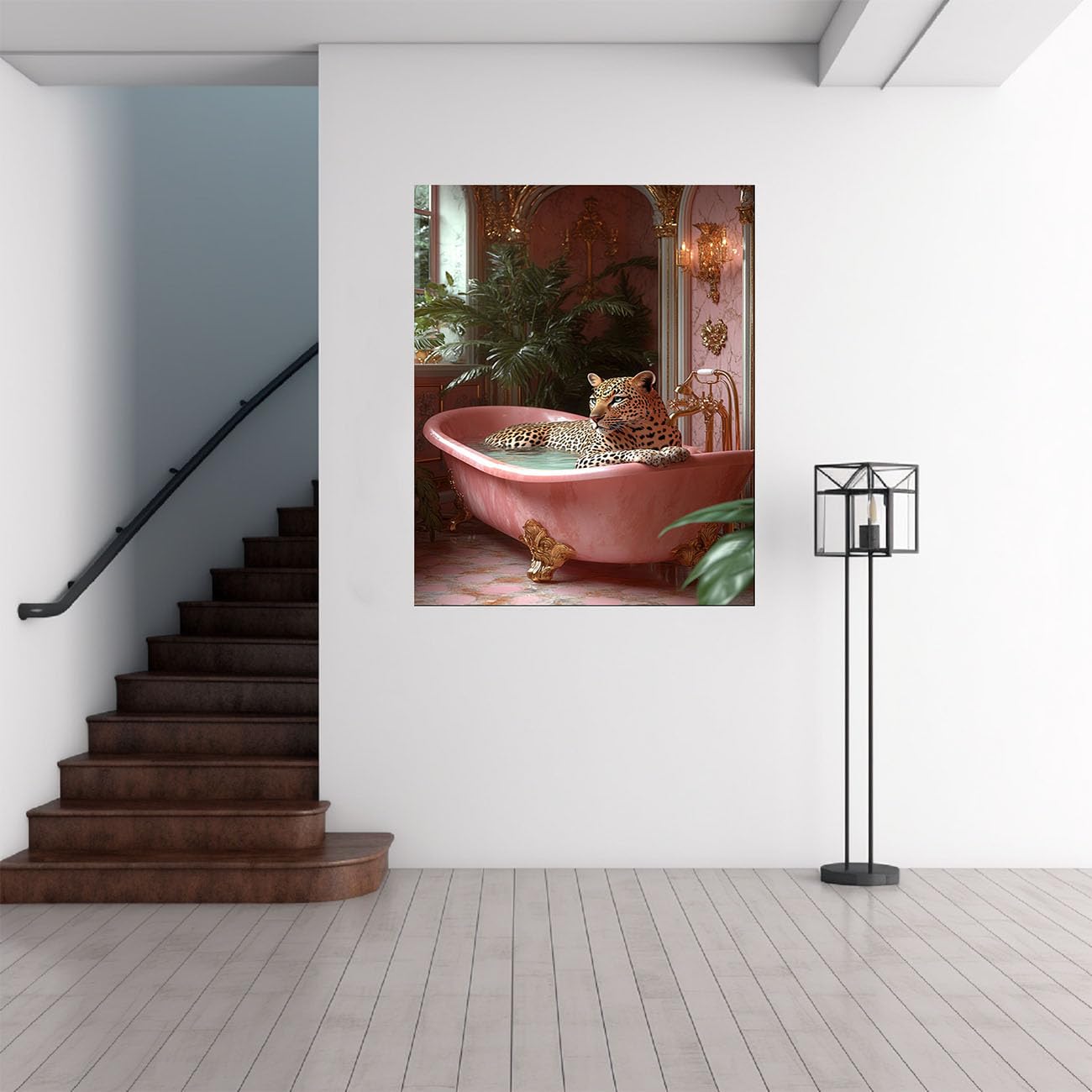 QUSAAOU Canvas Pictures Leopard w marmurowej wannie, szlachetne metalowe armatury, plakat z motywami zwierzęcymi, nadaje się do dekoracji ścian w sypialni, kuchni, biurze i łazienkach, kolor różowy