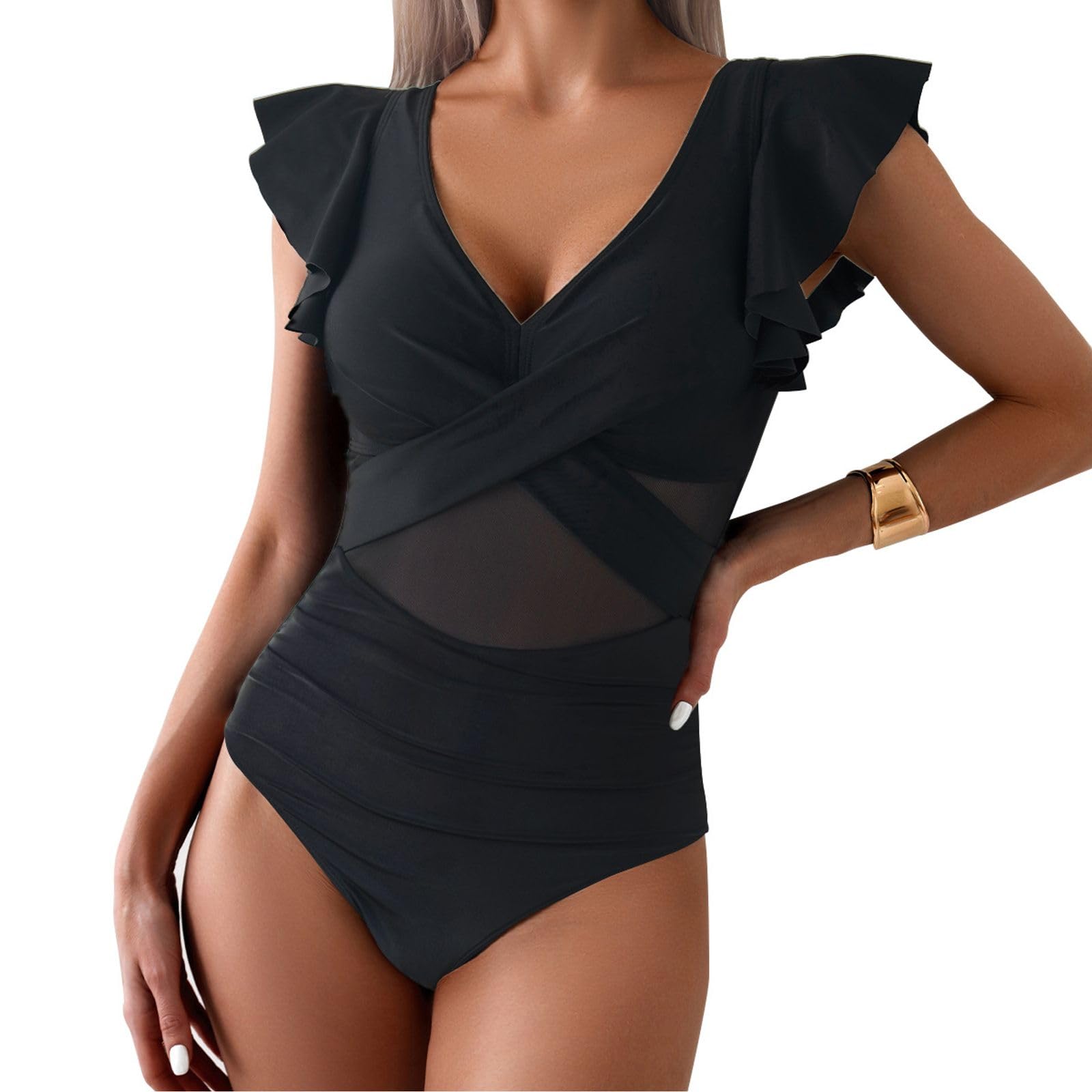 Generisch Costume Intero Donna Volant Tulle Snellente Controllo Pancia Scollo a V Incrociato Trend 2025