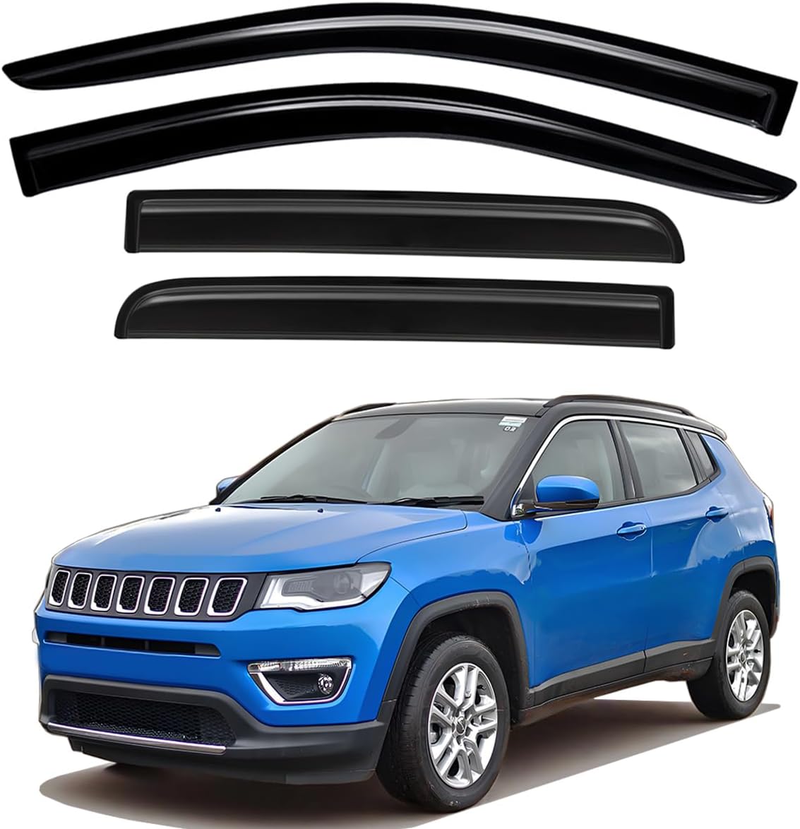 Lightronic Extra Durable Outside Mount Auto Vent Window Visor, Fits 2011-2017 Jeep Compass, UV Protection Rain Guard, Original Wind Deflector, No-Drill Easy Install, Dark Smoke, 4-Pcs