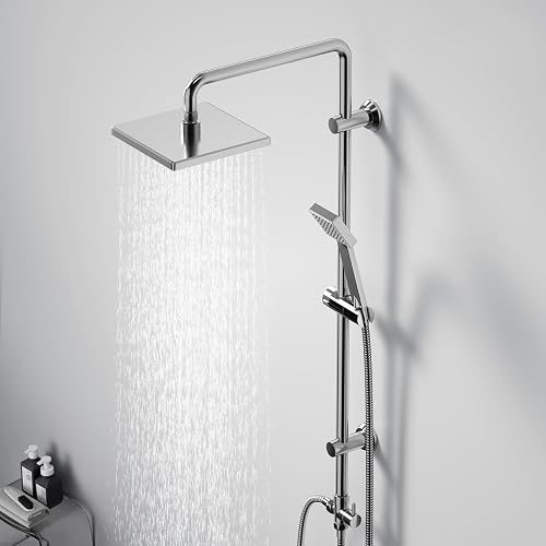 JOHO Colonne de Douche Acier inoxydable avec Douchette Salle de Bain Réglable en Hauteur, Ensemble Douche Pluie Murale sans Robinet, Pommeau Douche ABS 20x20 cm Chromé - 2