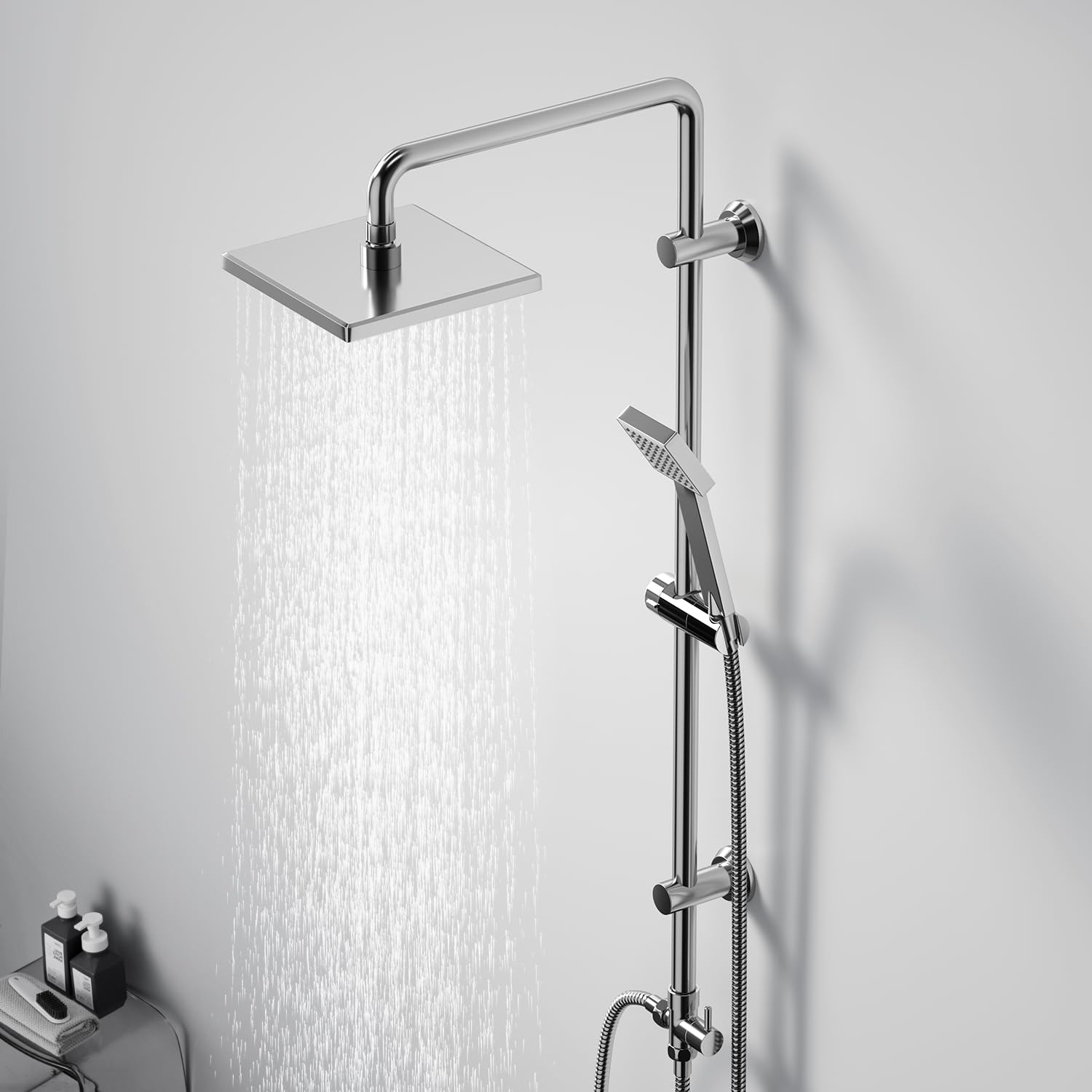JOHO Colonne de Douche Acier inoxydable avec Douchette Salle de Bain Réglable en Hauteur, Ensemble Douche Pluie Murale sans Robinet, Pommeau Douche ABS 20x20 cm Chromé