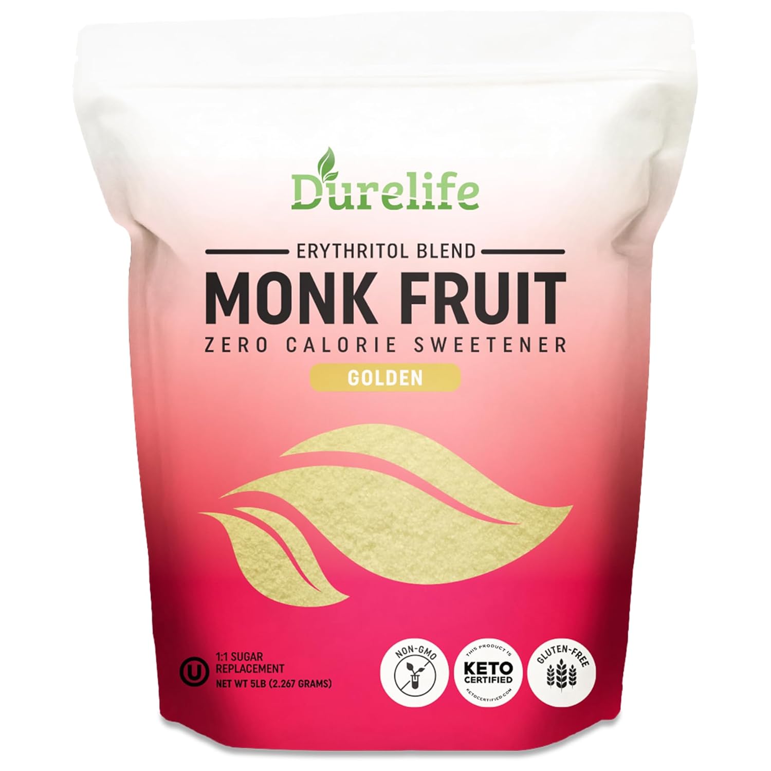 Durelife Golden Monk Fruit Sweetener, 1:1 Sugar Replacement, Keto Diet Friendly, Zero Calorie, Kosher Sugar Substitute Crystal, Golden - 5 lb Bulk Size (Packaging May Vary)