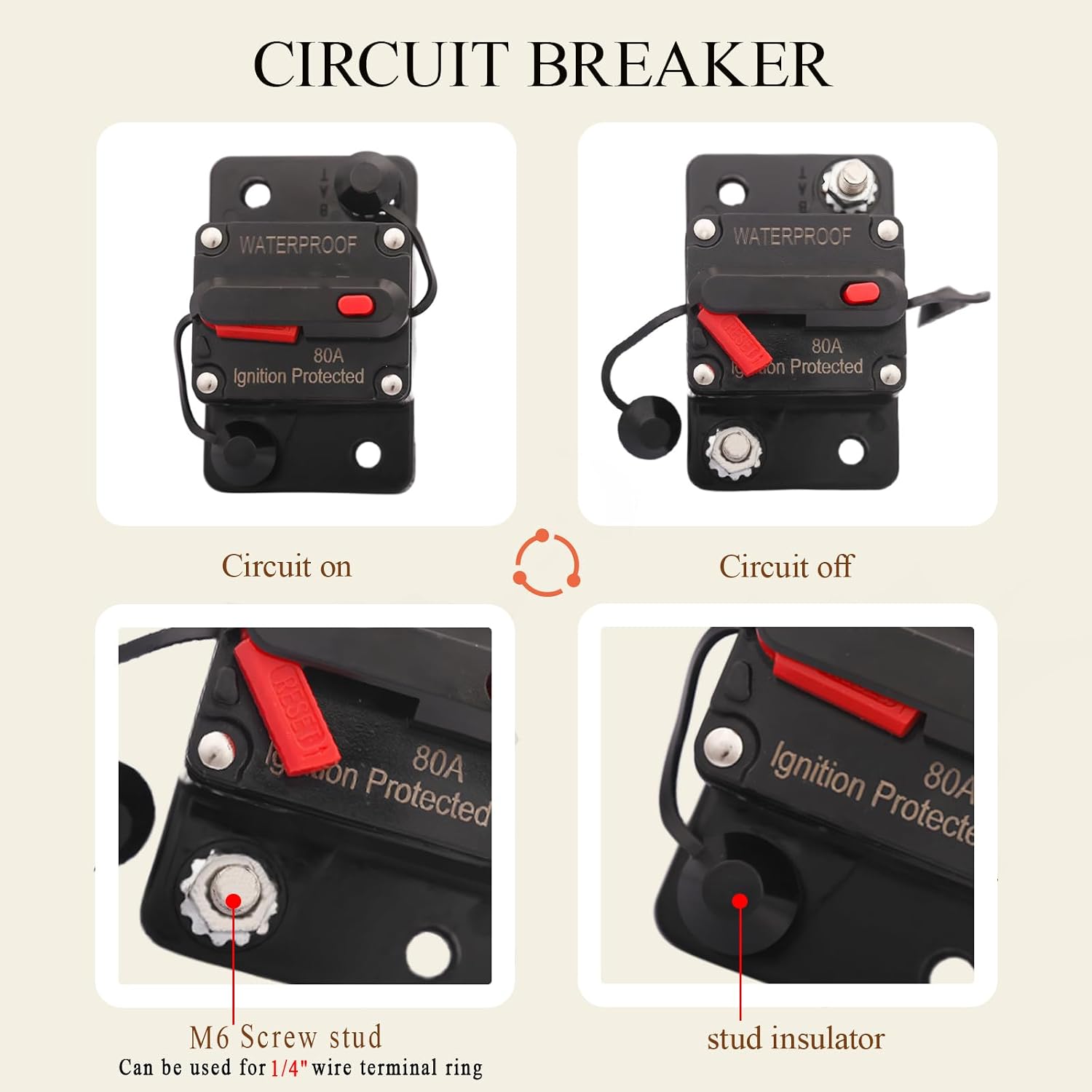 80 Amp Circuit Breaker with 6 AWG 1/4" Ring Terminal for Boat Trolling Motor Marine ATV Trailer Vehicles Stereo Audio Electronic Battery Solar System Inline Fuse Waterproof Manual Reset 12V-48V DC