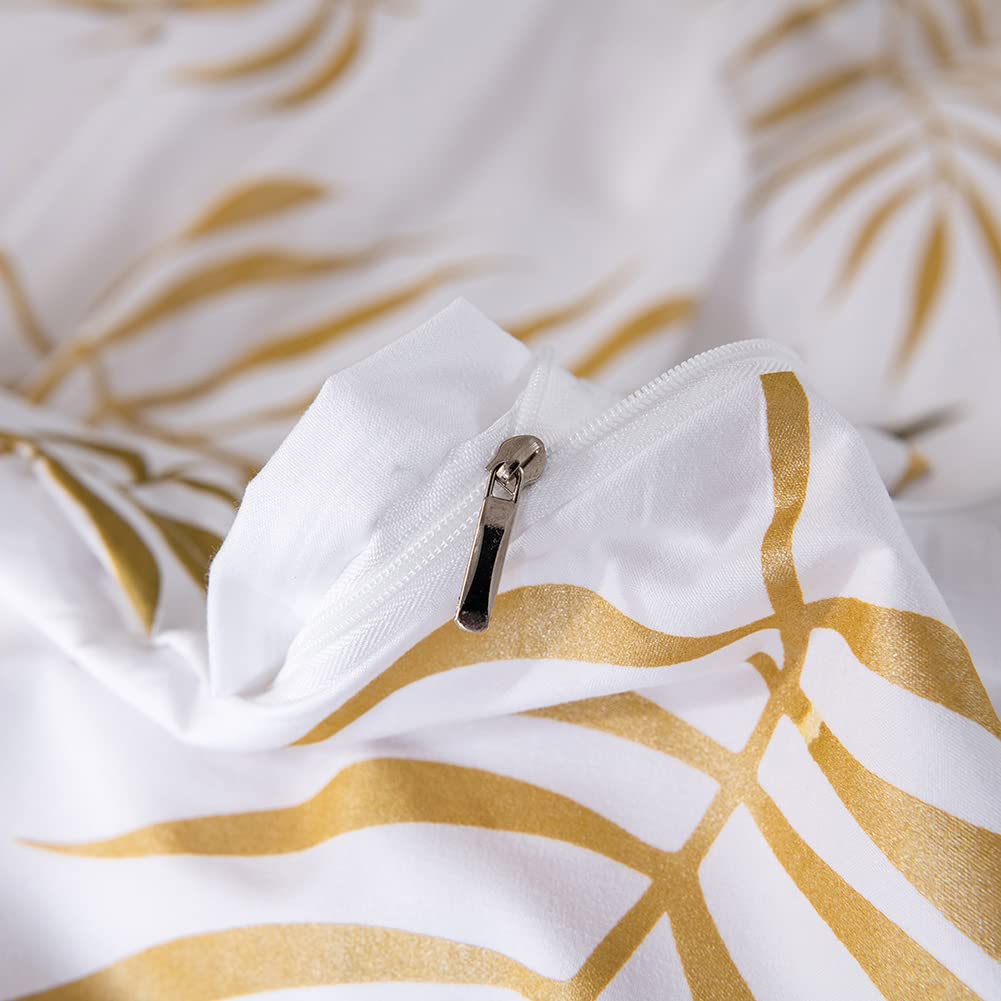 Housse de Couette 220x240 avec 2 Taies d'oreiller 65x65cm Motif Feuilles Or | Parure de Lit 220x240 Adulte, Imprimée, Feuilles Palmier, Or et blanc, Fermeture Éclair, Linge de Lit, 2 Personnes