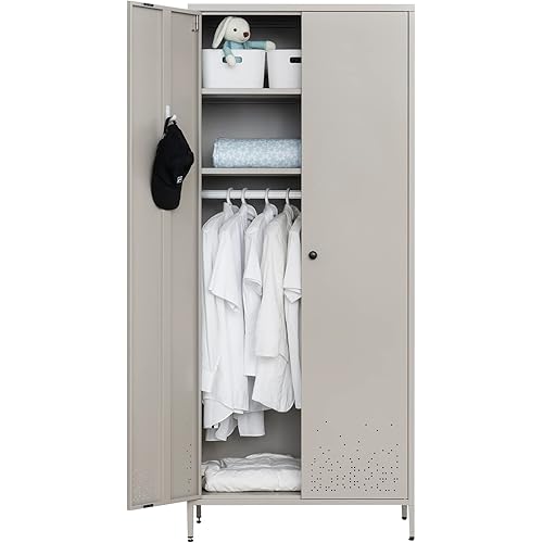 BESFUR Bedroom Armoires, Metal Wardrobe Closet with Hanging Rod, Adjustable Shelves, 20" D x 31.5" W x 74" H - Sea Shell Color