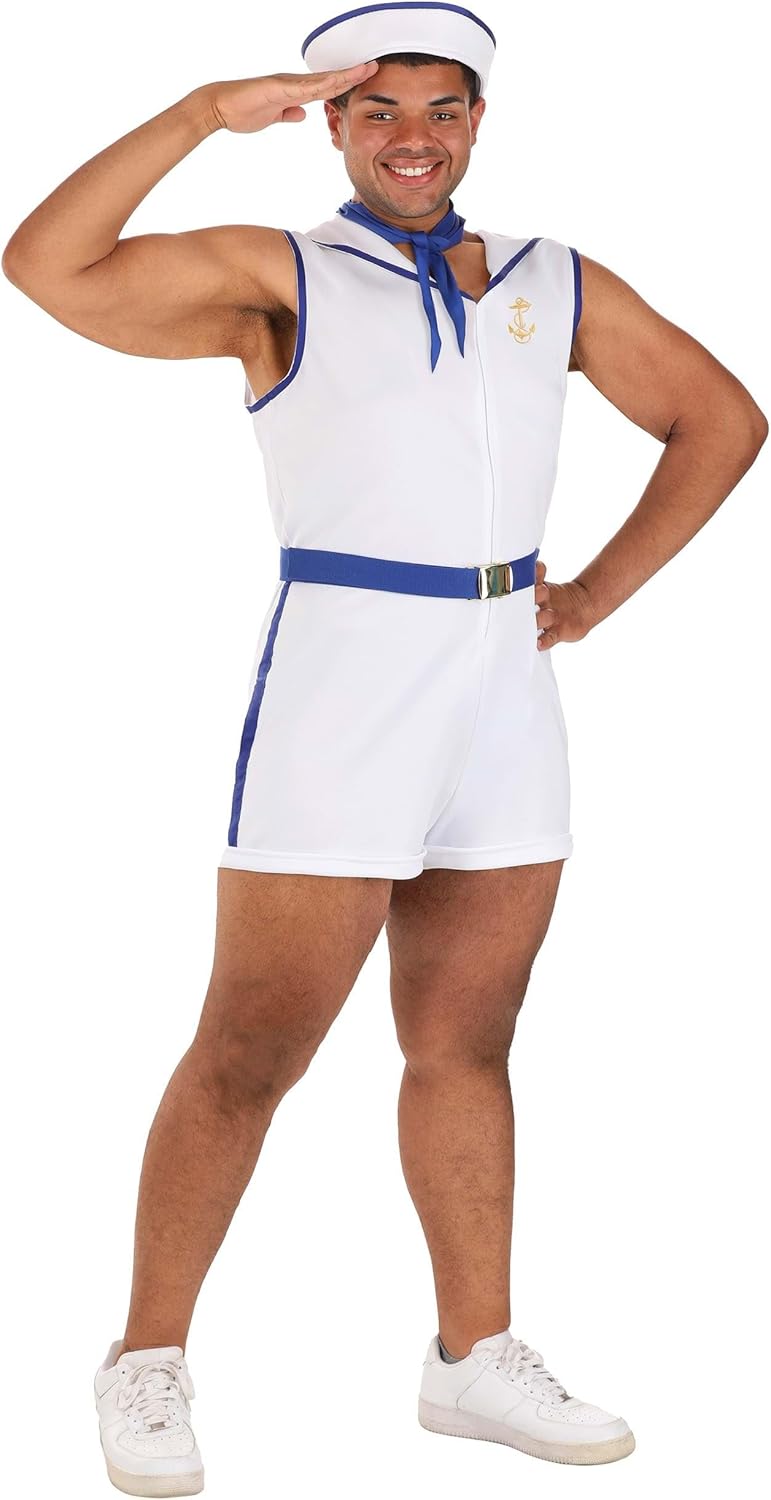 Plus Size Sunbathing Sailor Men's Costume | Sleeveless Boat Crew Mate Sailor Cosplay Uniform Halloween Outfit for Adults