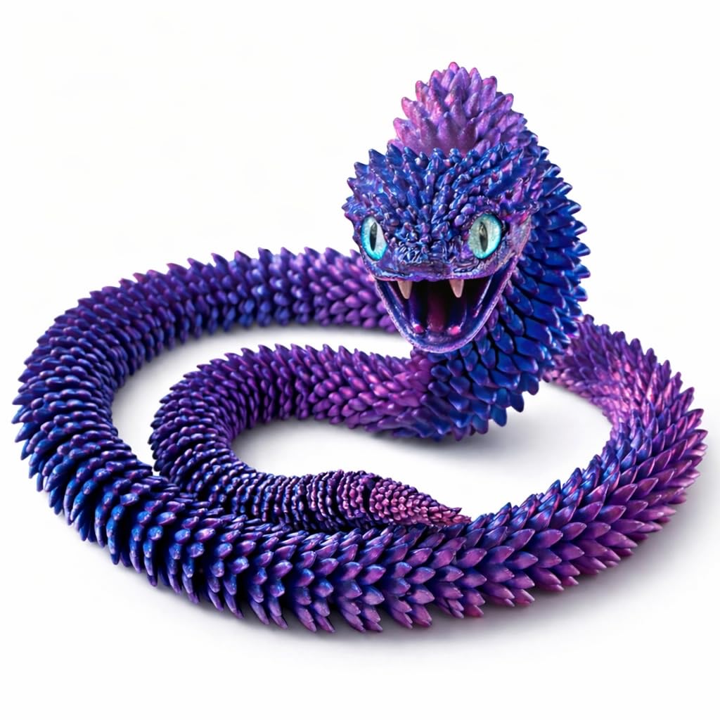 Articulated Crystal Snake – 3D Printed Flexible Snake Figurine, 58 cm (23 in) Poseable Serpent with Movable Mouth, Realistic Eyes, Fantasy Desk Decor (Purple) - 2