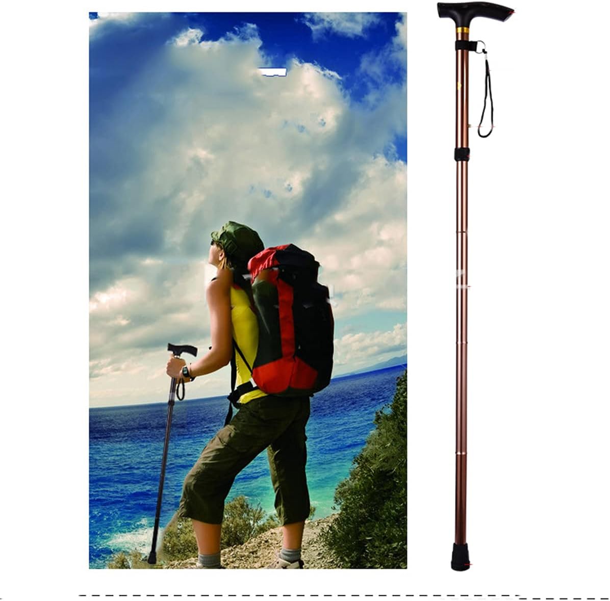 Folding Trekking Pole-Wand-Folding Cane-Tumble Prevention Walking Assistance-Adjustable Expandable Crutch 83.5-93.5CM Brown