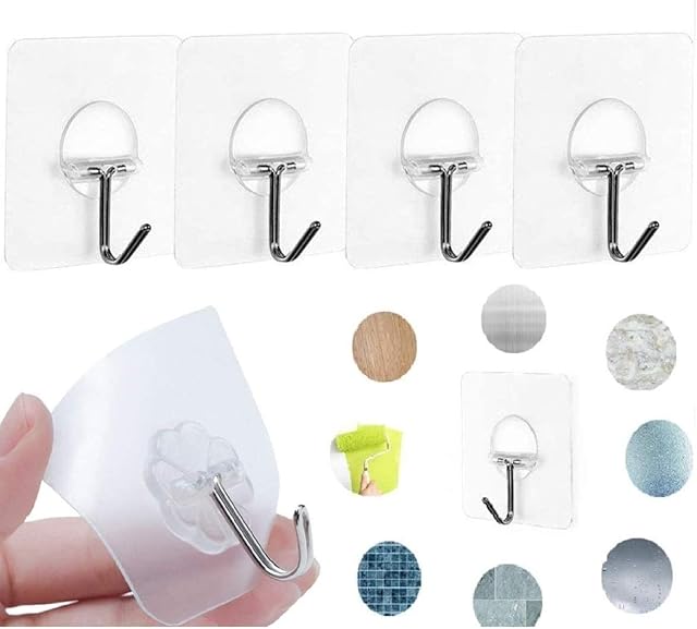 KOKSI Self-Adhesive Removable Wall Hooks, Waterproof, Heavy Duty Hangers Holds up to 6kg (4-Pack)