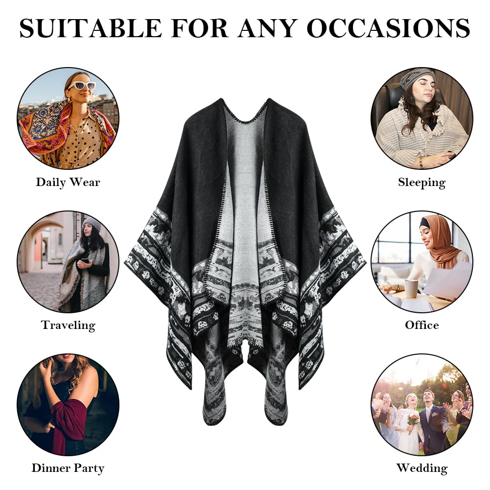 HOTUT Drapé Tricoté Poncho Cardigan, Poncho Mince Chaud, Poncho Ouvert Châle Cape, Femme Poncho Châle Ouvert Cape, Cardigan Echarpe Croisée Devant, pour Temps Froid