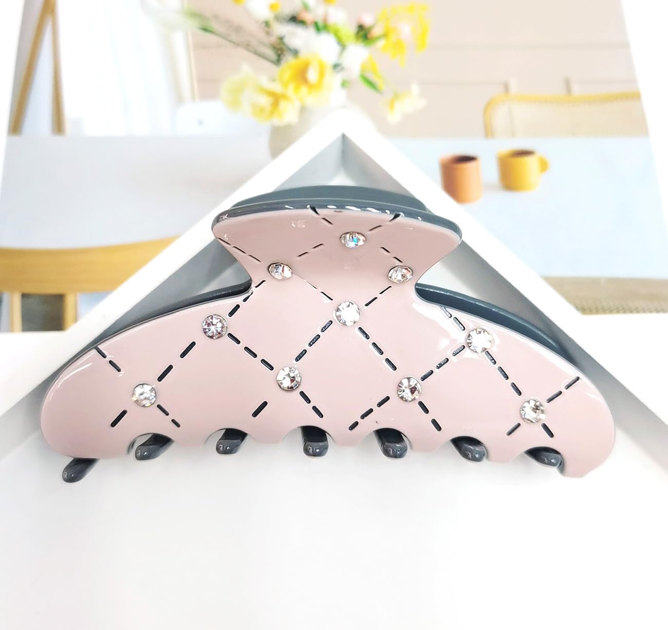Wenlly rhinestones claw clip, 4 Inch cellulose acetate hair claw clip, texture non-slip strong hair hold barrettes for women and girls, pink image 4