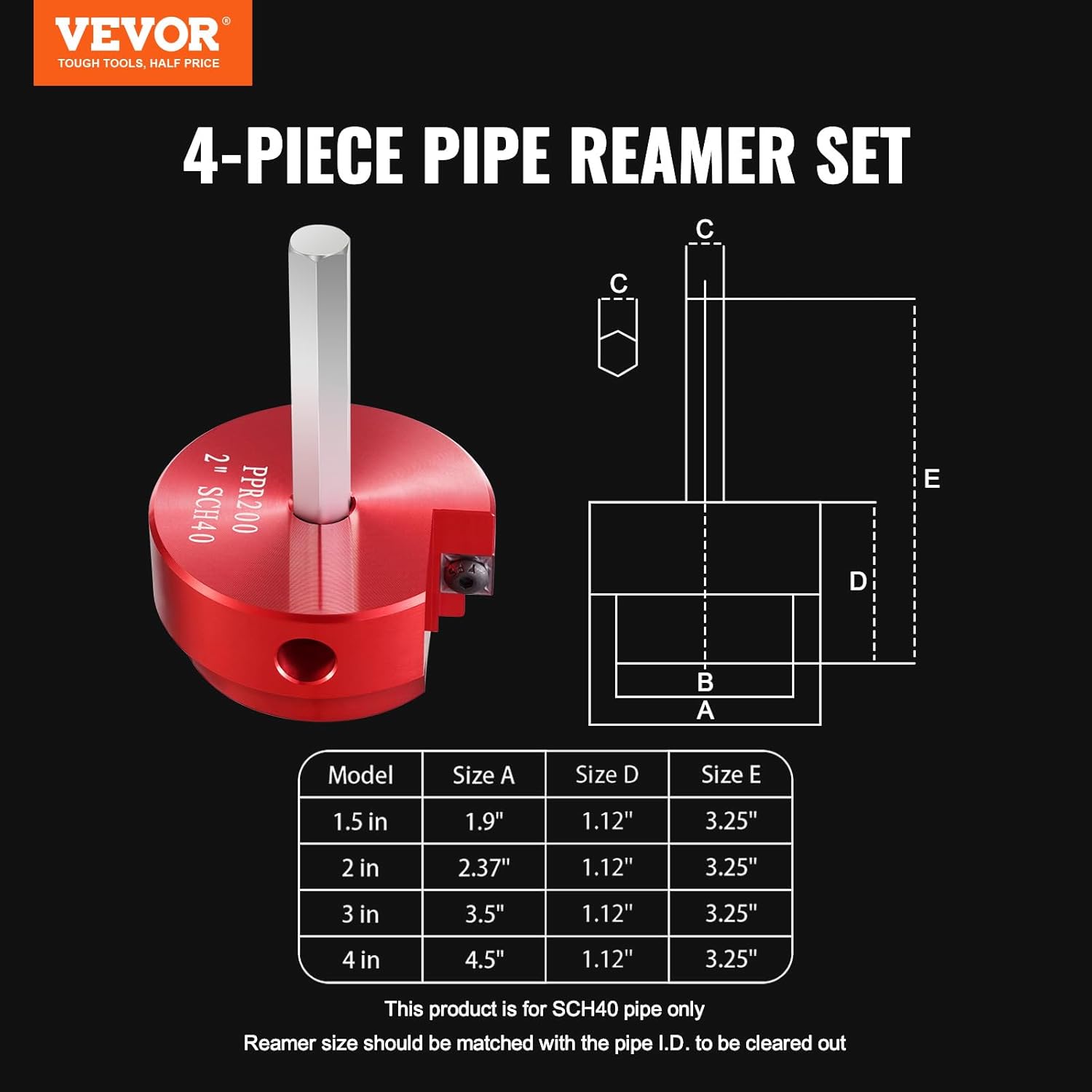 VEVOR PVC Pipe Reamer Kit, Aluminum Alloy, PVC Pipe Fitting Reamer Plumbing Tools Kit, PVC Socket Saver for SCH 40 ABS, PVC Pipe, Contains 3/2", 2", 3", 4", for Water Lines, Drain Lines, Vent Lines