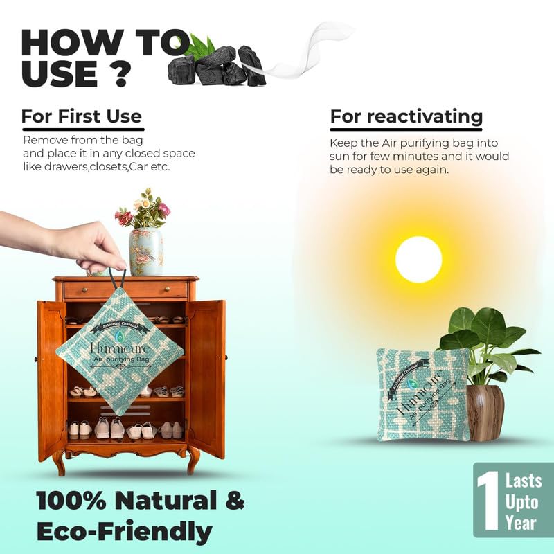 Humicure Activated Charcoal Air Purifier Bags (75 Gram) - Odor Remover & Freshener for Car, Kitchen, Bathroom, Wardrobe, Shoe Rack, Pets (Green, 3) 3