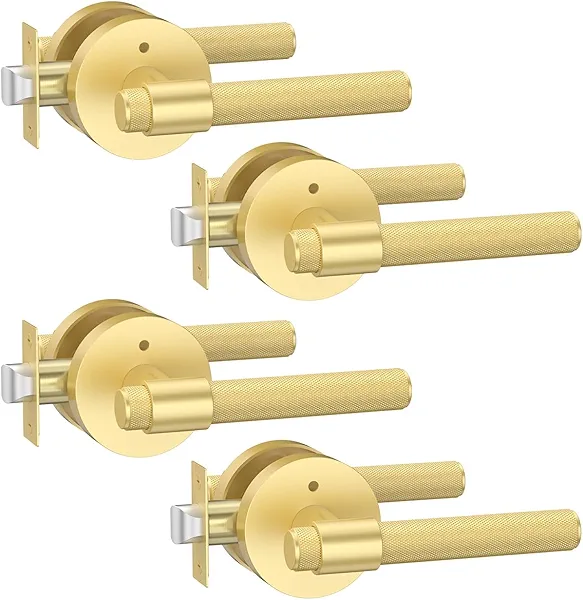 Asidrama 4 Pack Privacy Gold Knurled Door Handles, Door Lever with Door Knobs Indoor for Bedroom or Bathroom, Heavy Duty Brushed Gold Door Handles Interior with Locks for Left Right Sided Doors