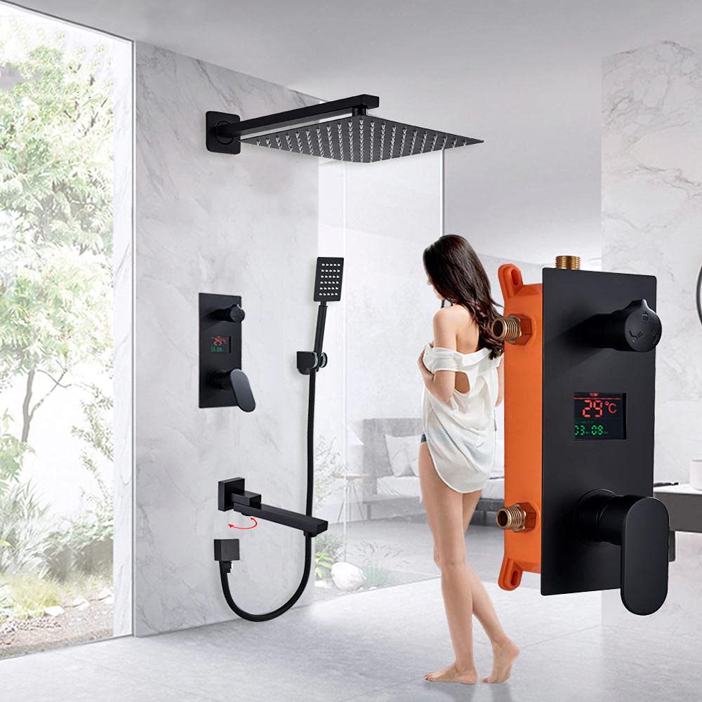 Ensemble de douche robinet noir mat mural avec système de douche à 3 fonctions et écran LED