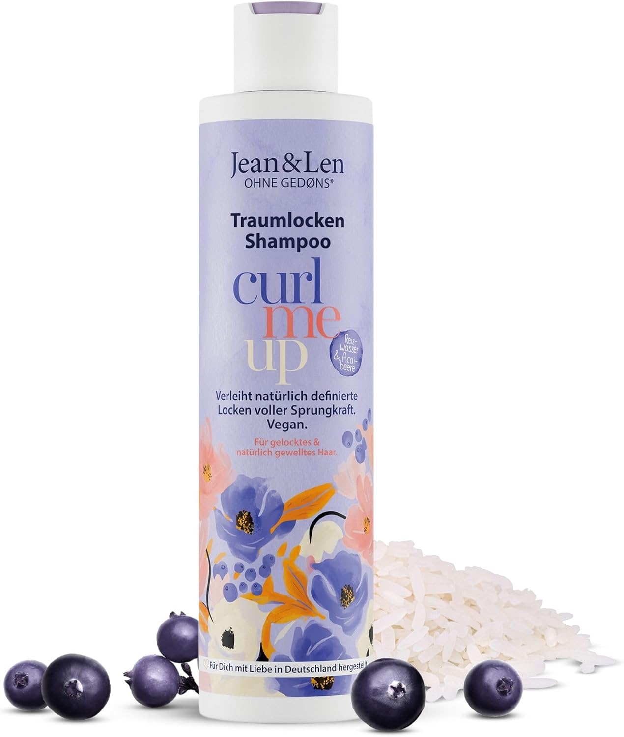 Jean & Len Dream Curls Shampoo rijstwater & acaibessen, voor krullend & golvend haar, geeft veerkracht & volume, fruitige bessengeur, haarshampoo, zonder parabenen & siliconen, veganistisch, 300 ml