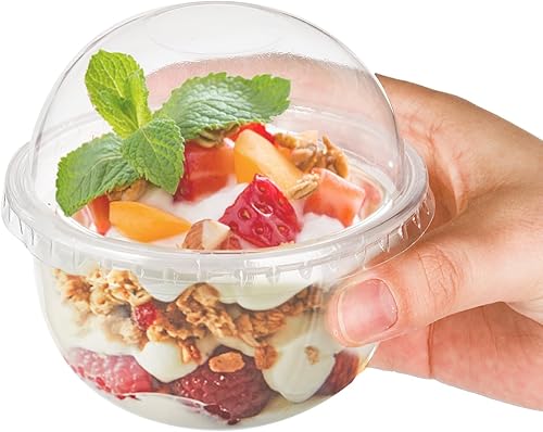 Miniatura 3 de Paquete de 100 tazas de plástico de postre de 8 onzas con tapas de cúpula, tazas de yogur transparente sin agujeros, vasos desechables para servir