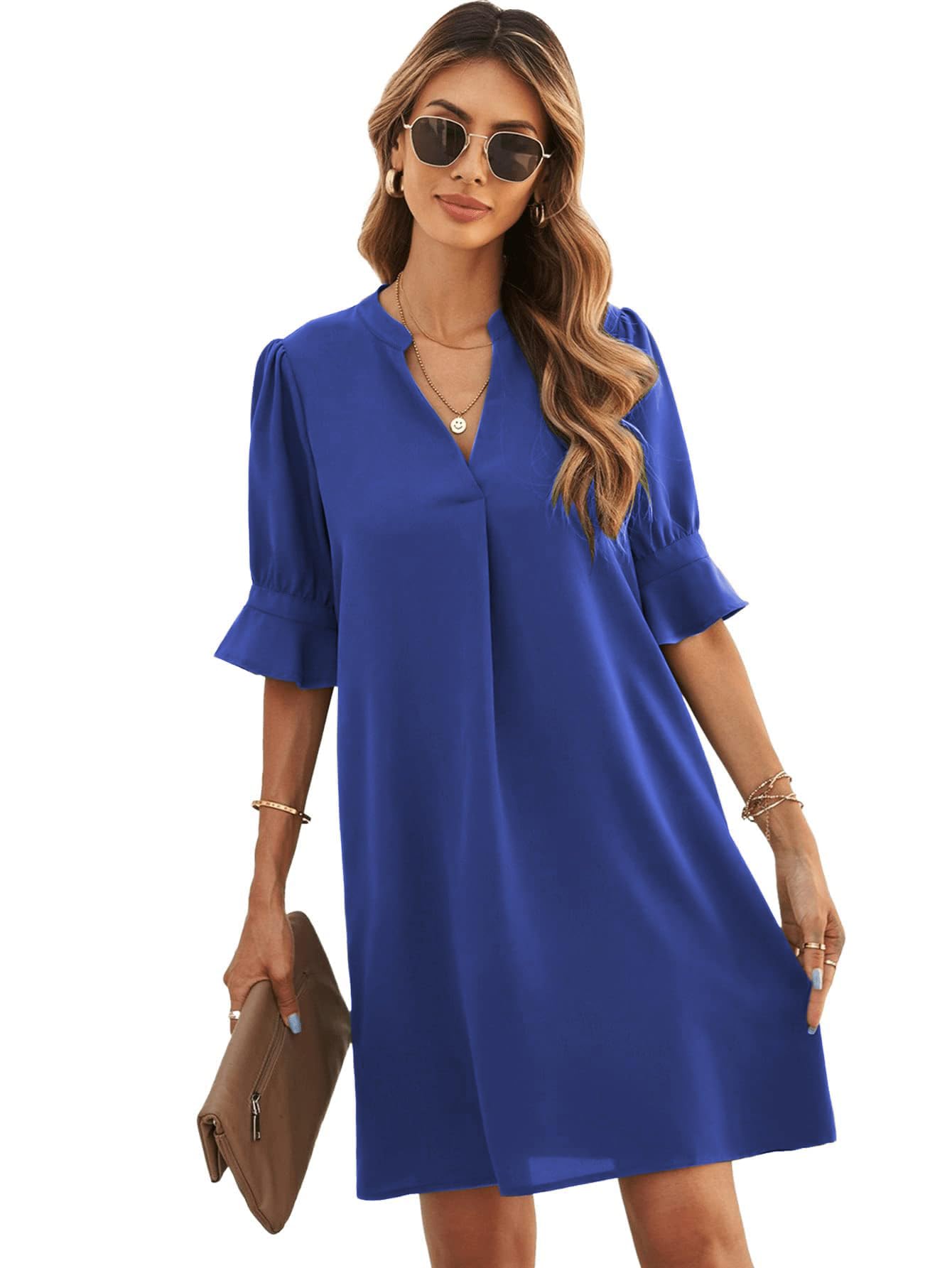 Famulily Vestido camisero de media manga con cuello en V para mujer, elegante, casual, color liso, S-XXL