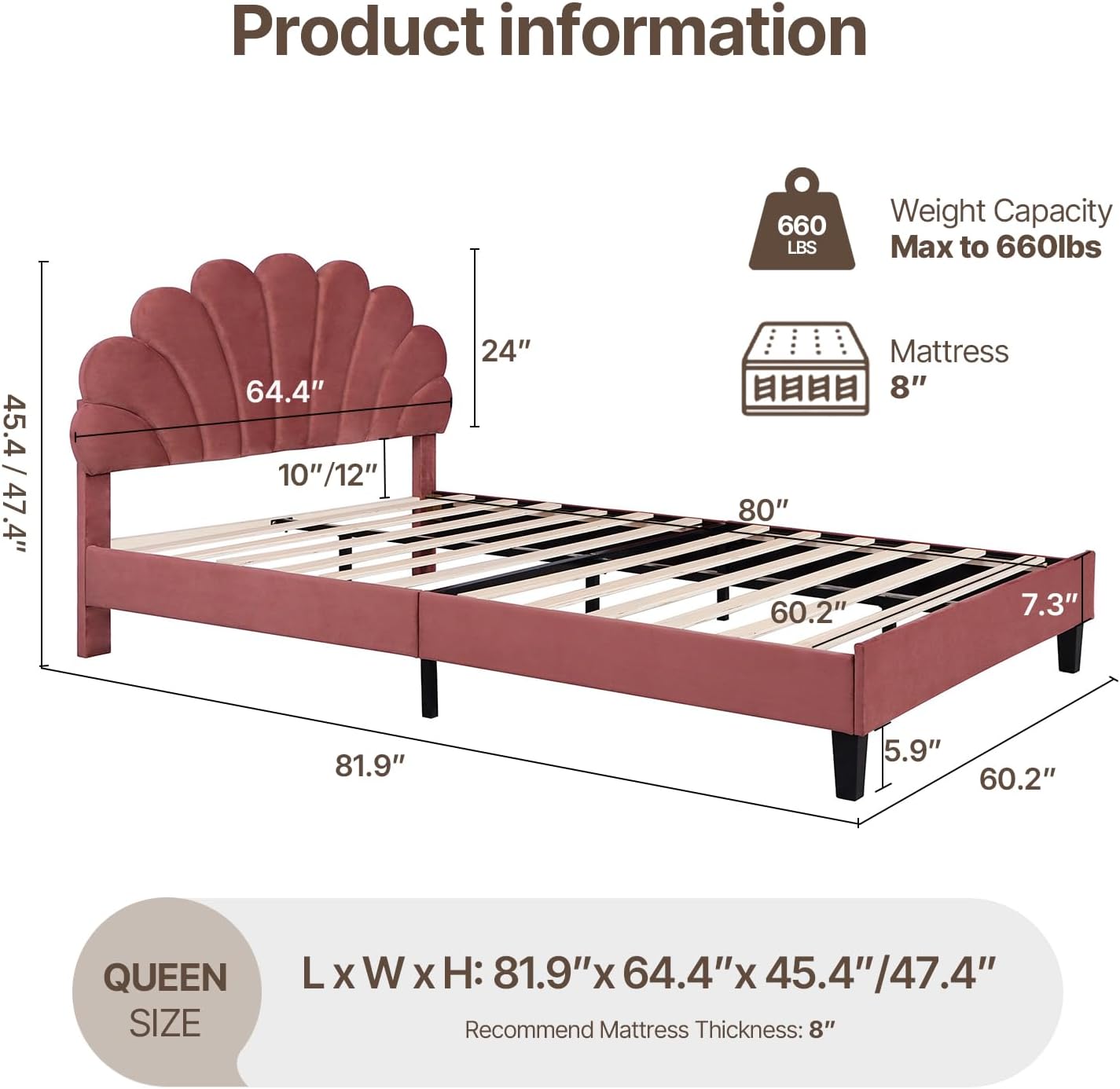 Bed Frame/Velvet Upholstered Platform Bed Frame with Flower Pattern Headboard/Strong Wood Slats Support/Mattress Foundation/No Box Spring Needed (Bean Paste Red, Queen (U.S. Standard))
