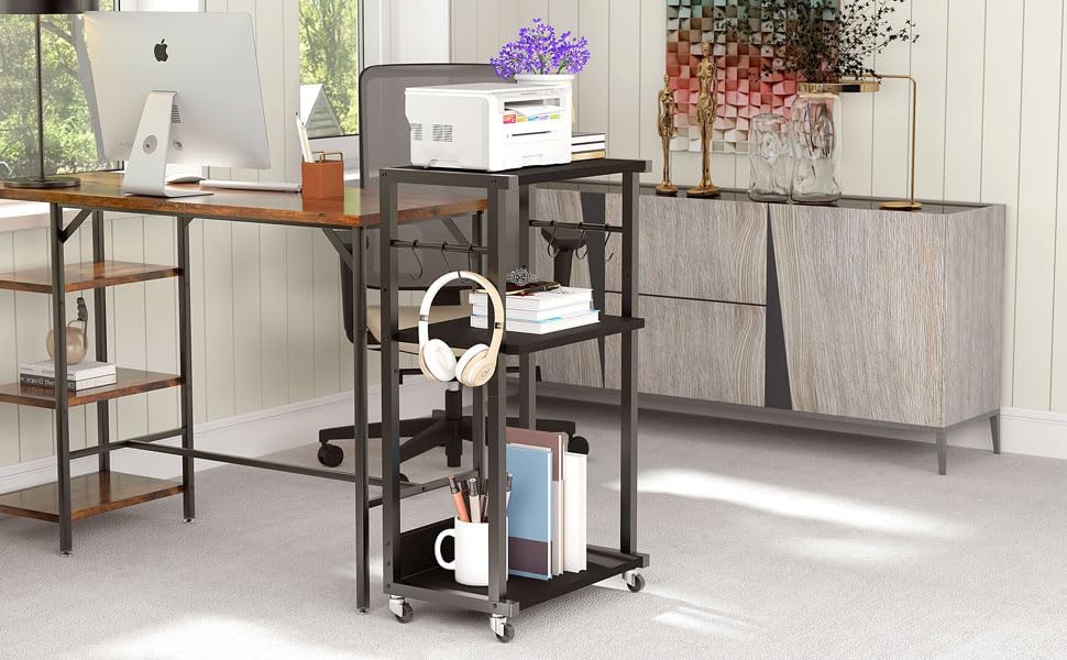 Miniatura 8 de YMYNY UHPT002B - Soporte para impresora móvil, carrito de impresora de 3 niveles con estante de almacenamiento ajustable y 6 ganchos en S, mesa de