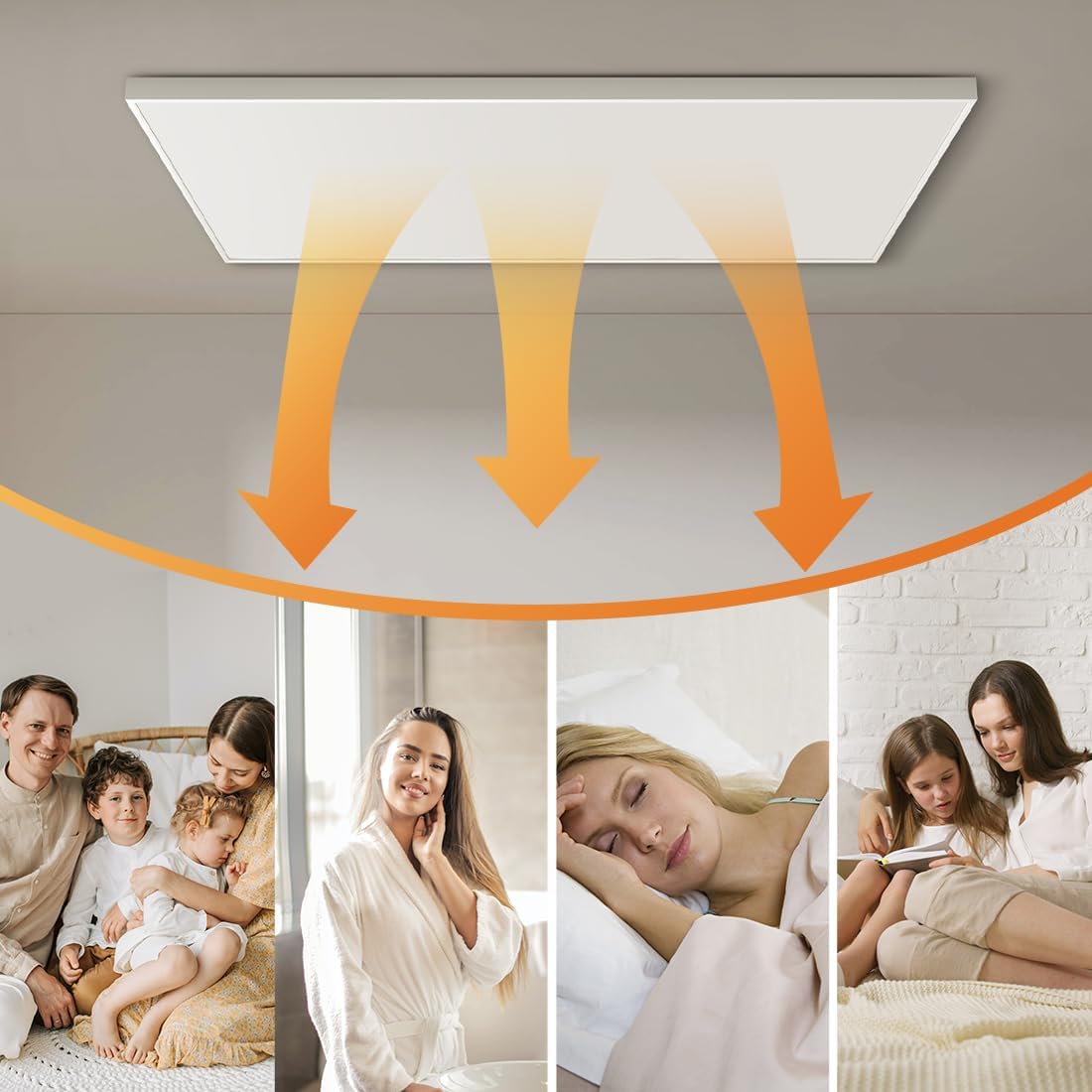 Infrared heat rays distributing from the ceiling heater.