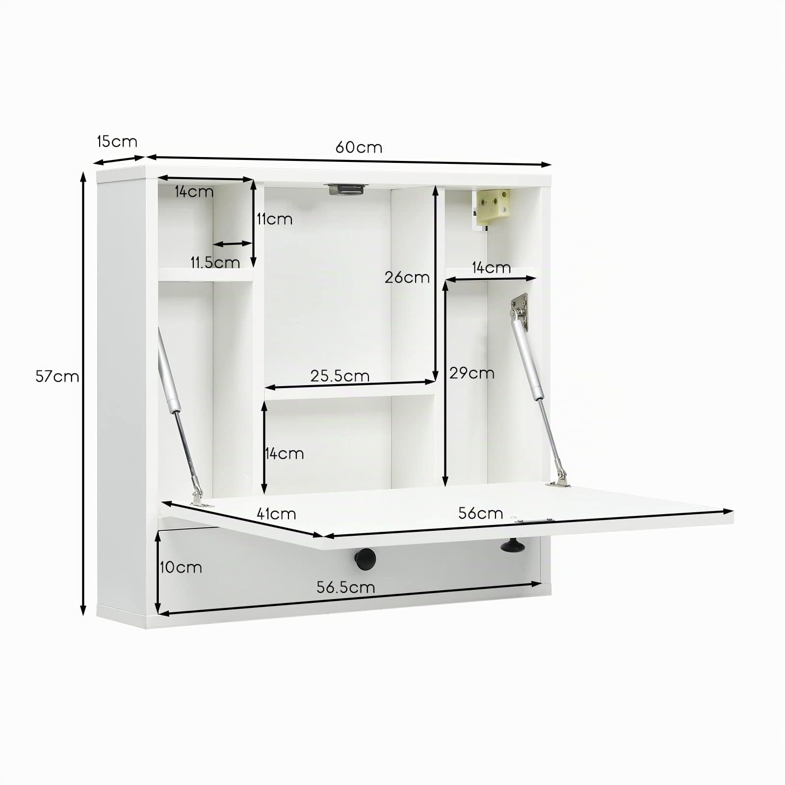 COSTWAY Mesa Plegable Pared, Estantes y Cajón, Escritorio Plegable Pared Oficina Cocina Espacios Pequeños, 60 x 15 x 57 cm, Mesa Abatible de Pared (Blanco)