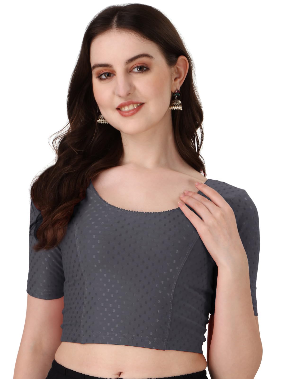 Round Neck Dobby Cotton Lycra Stretchable Elbow Sleeve Readymade Saree Blouse for Women-image-27