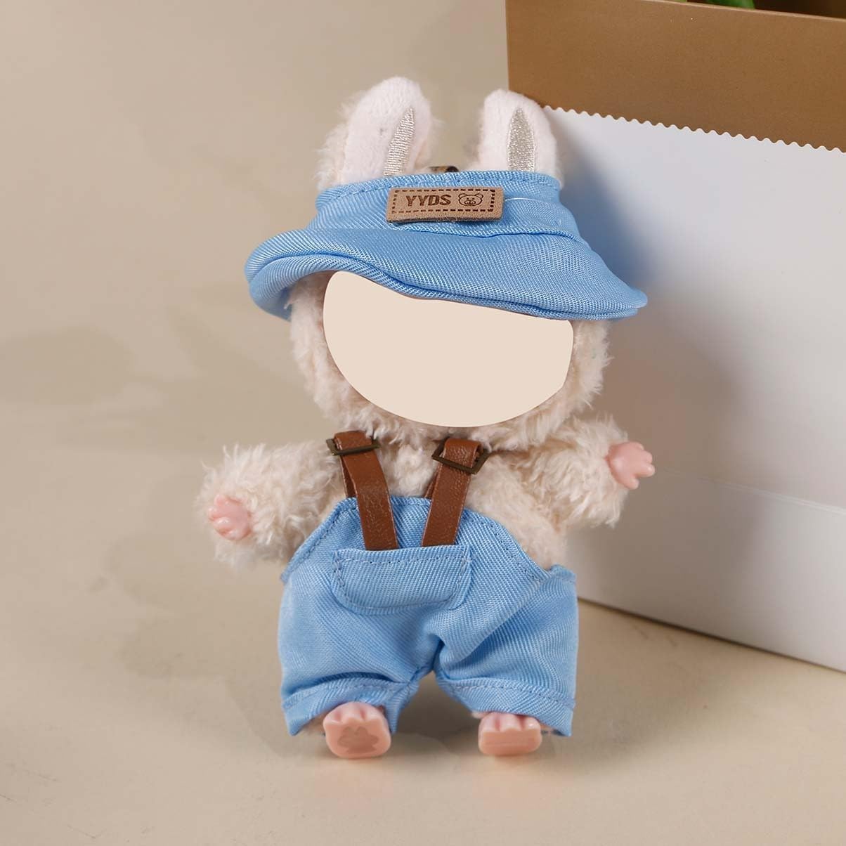 Compatible with Labubu 15cm/17cm (NO Doll) - Light Blue Bucket Hat & Overalls Set with Brown Straps, Doll Outfit Accessories (Light Blue)