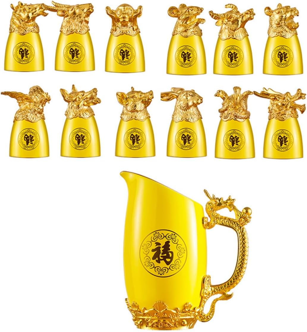 UPKOCH Chinese Zodiac Ceramic Liquor Cups Set with Decanter, Yellow Porcelain Wine Drinking Kit, Creative Animal Spirit Glassware for Home Bar and Entertaining,
