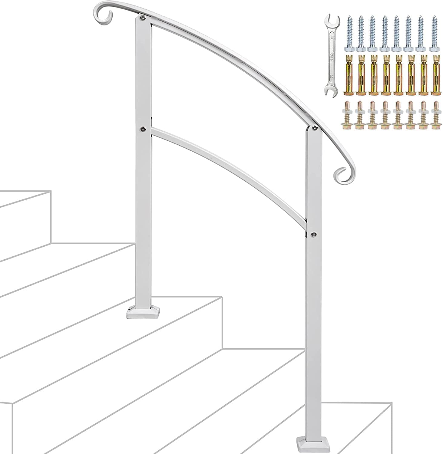 3 Step Handrail,Mattle Wrought Iron Handrail 1 or 3 Step,Stair Rail with Installation Kit, Hand Rails for Outdoor Steps,White