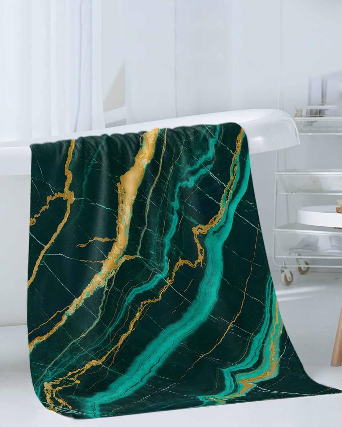 Marble Emerald Green Bath Towels for Bathroom Set - Luxury Microfiber Towels Gifts for Women,Quick Dry Beach Kitchen Hand Hair Face Towel and Dish Washcloth,Modern Abstract Gold Art Workout Towels+Set